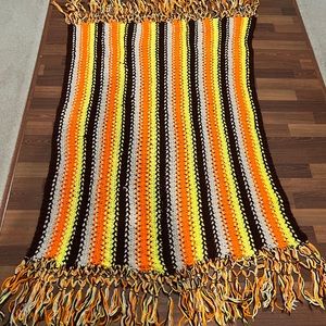 Vintage BOHO Crochet Knitted Afghan Blanket Brown Orange Yellow Retro￼ F…